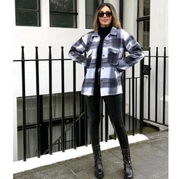 Black Plaid Check Long Sleeve Loose Fit Shacket Shirt Jacket - Picture 2 of 8